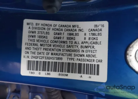 2016 Honda Civic Lx из США, поврежденный, VIN 2HGFC2F53GH573899